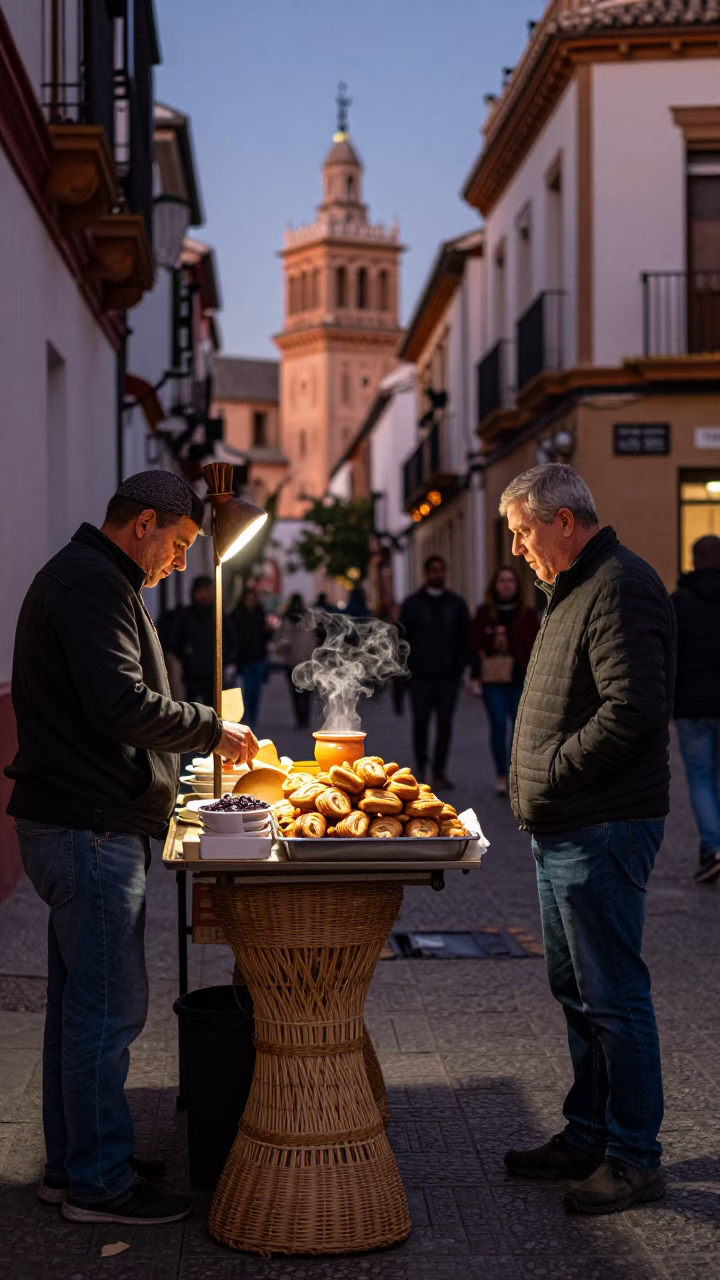 Granada Spain Street Scene Before Dusk with Woven Cane and Tea Steam in in Granada, Spain