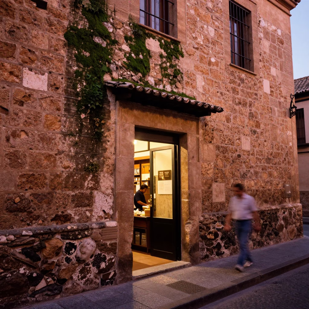 Granada Spain Street Scene Copper Dusk Light Mossy Stone Wall and Local Life in in Granada, Spain
