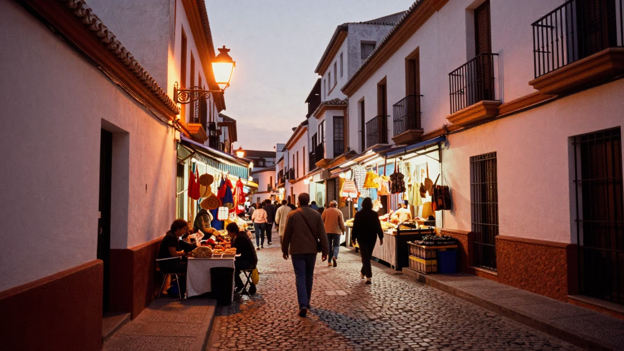 Granada Spain Street Scene Copper Light 1990s Vibrant Market Activity in in Granada, Spain