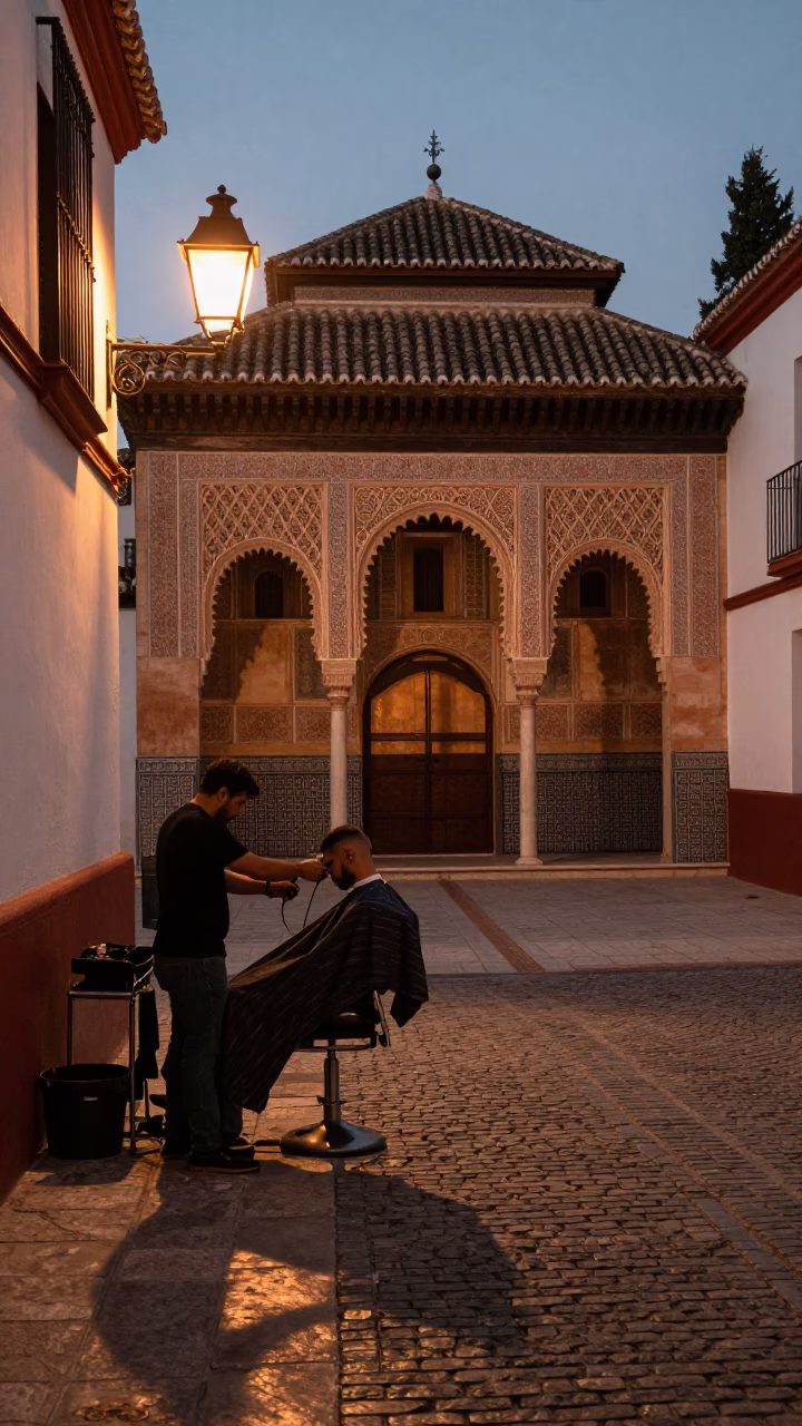 Granada Spain Street Scene Copper Light Dusk Alhambra Background in in Granada, Spain