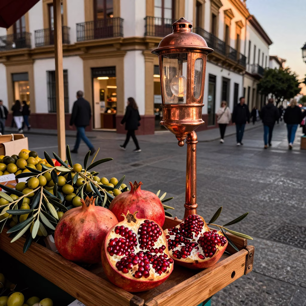 Granada Spain Street Scene Copper Light Pomegranate Seeds and Olive Branch in in Granada, Spain