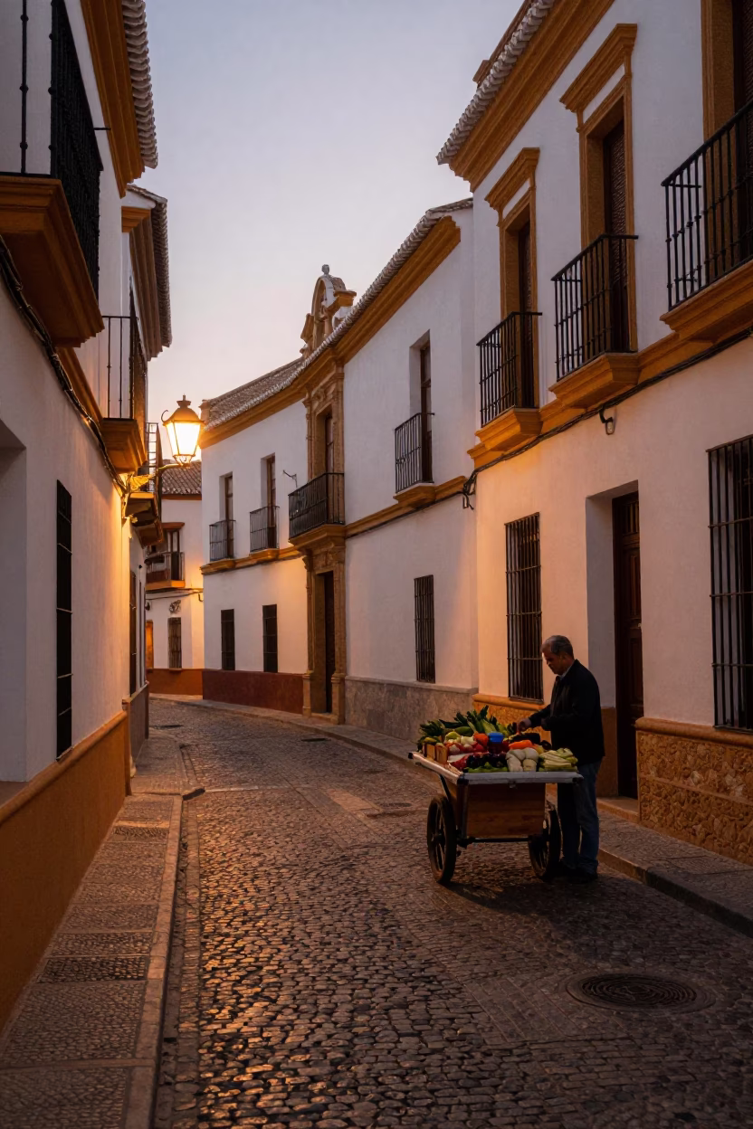 Granada Spain Street Scene Copper Toned Light Before Dusk with Local Market Activity in in Granada, Spain