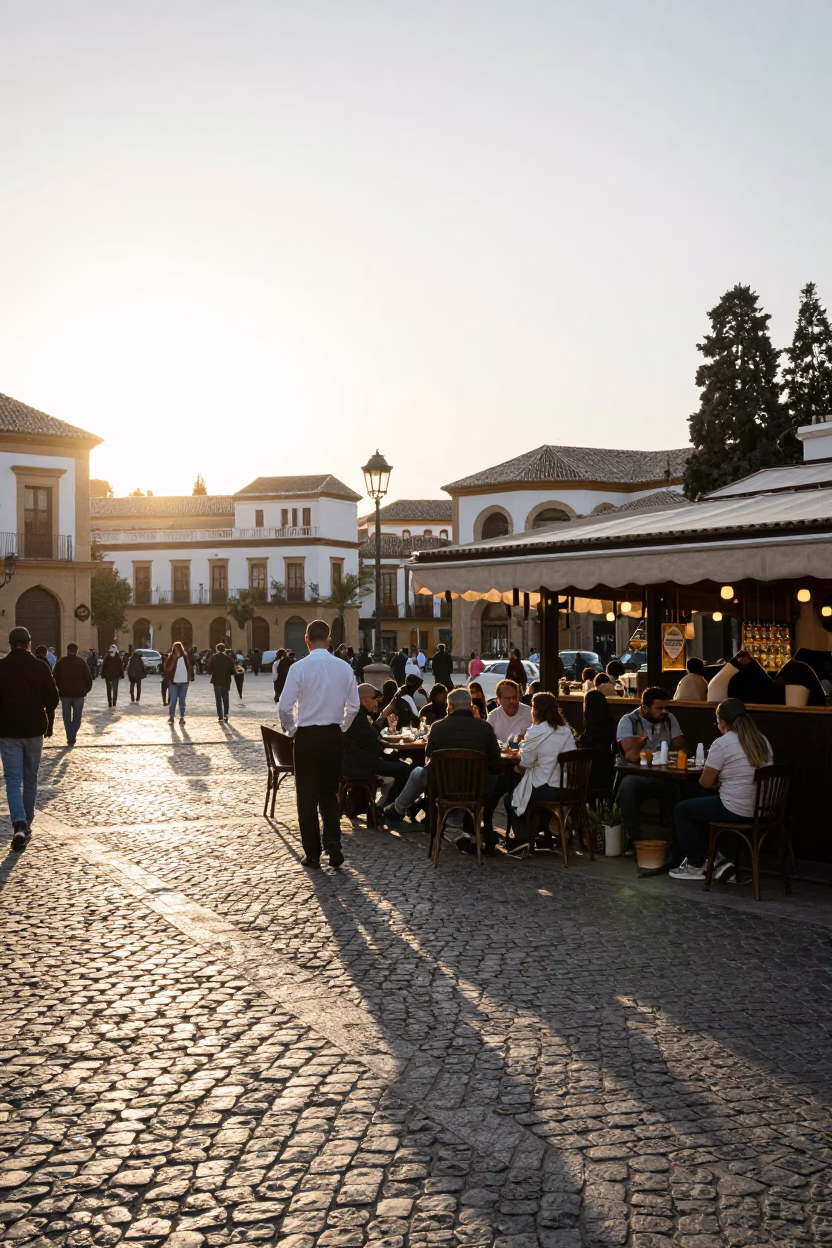 Granada Spain Street Scene Morning Light on Cobblestone Plaza with Local Market Activity in in Granada, Spain