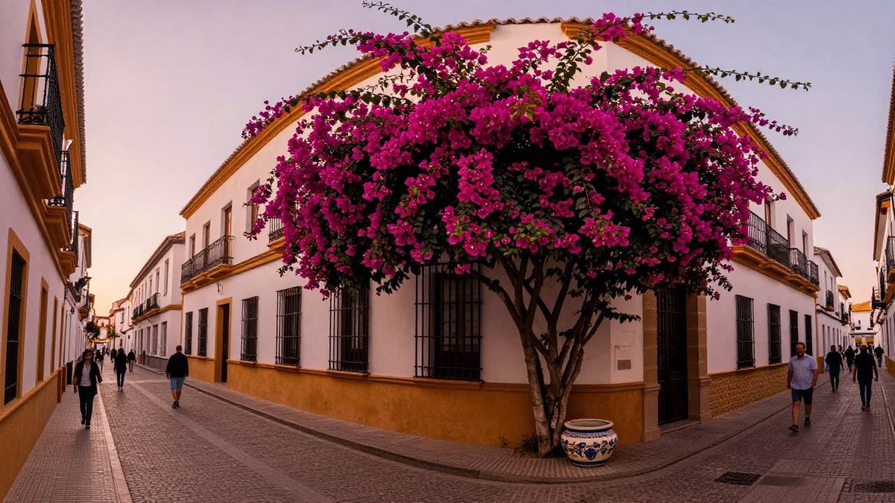 Granada Spain Street Scene with Bougainvillea and Ceramic Bowl in Copper Dusk Light in in Granada, Spain