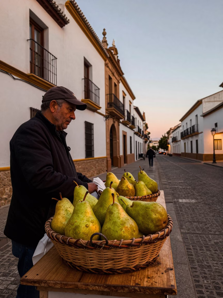 Granada Spain street scene with pears and traditional architecture in warm evening light in in Granada, Spain
