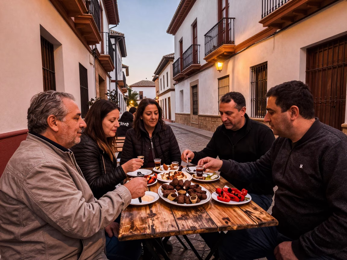 Granada Spain Street Scene with Traditional Tapas and Copper Toned Light Before Dusk in in Granada, Spain