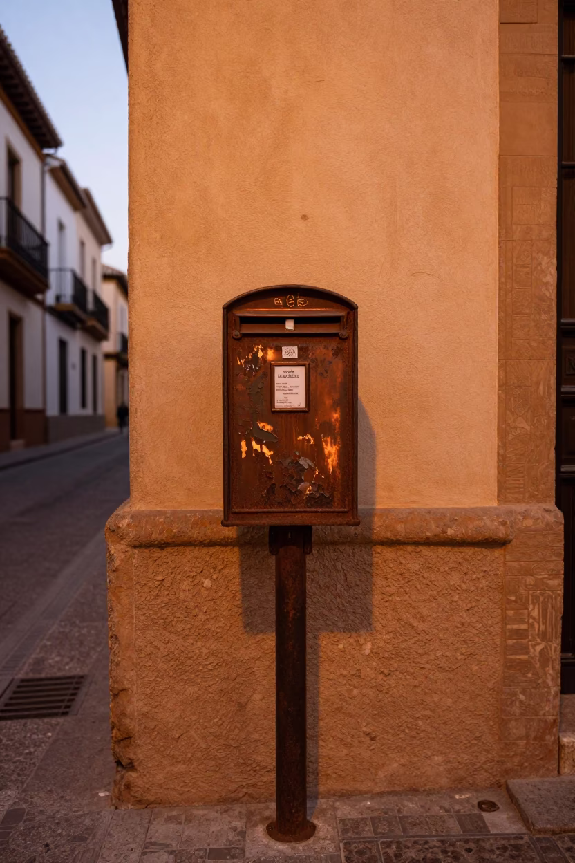 Granada Spain Street Scene with Vintage Mailbox in Warm Copper Dusk Light in in Granada, Spain