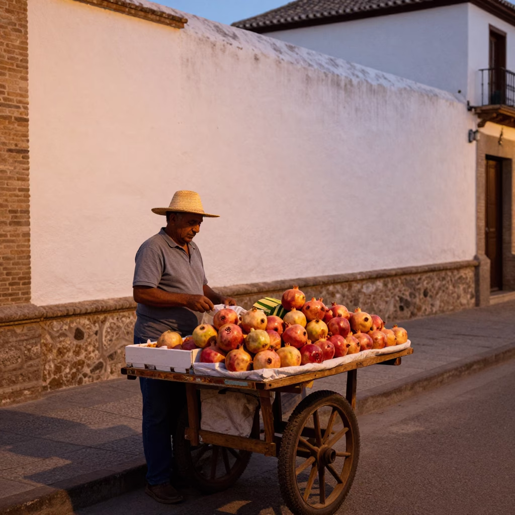 Granada Spain Summer Evening Street Scene with Local Fruit Vendor in in Granada, Spain
