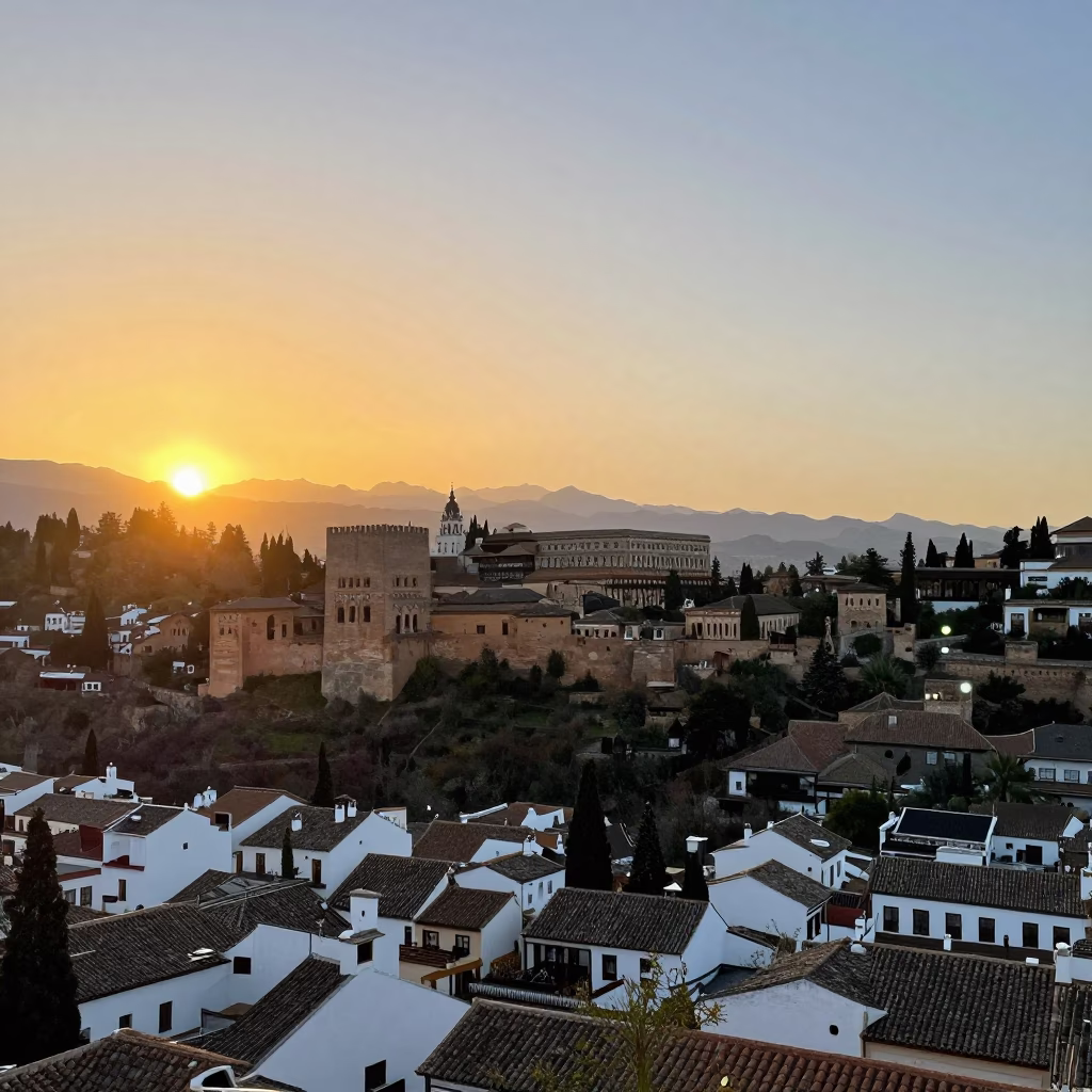 Granada Spain Sunset Horizon View Over White Washed Buildings and Sierra Nevada Mountains in in Granada, Spain