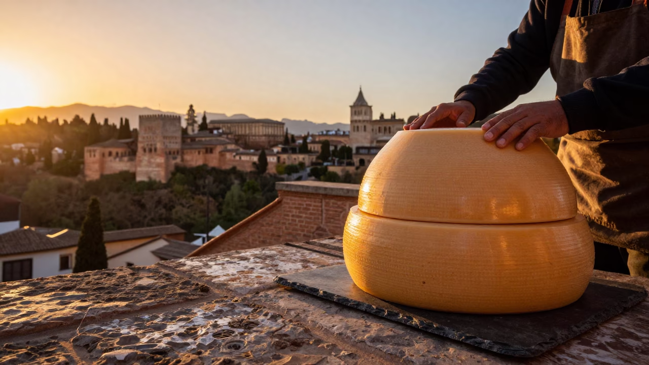 Granada Spain Sunset Street Scene with Ceramic Beehive Cheese Dome and Notebook on Terrace in in Granada, Spain