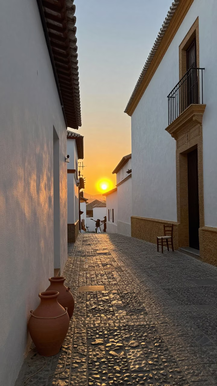Granada Spain Sunset Street Scene with Clay Pots and Twine Chair in in Granada, Spain