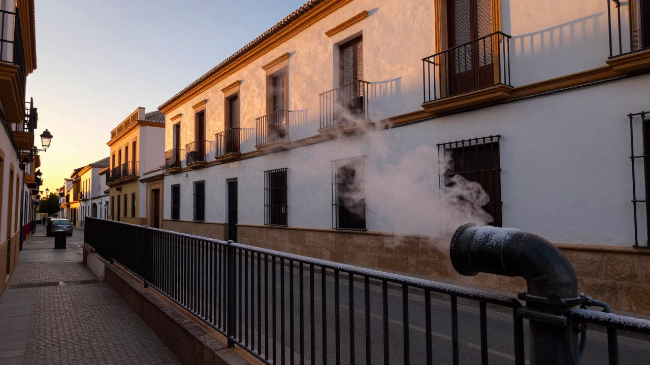 Granada Spain Sunset Street Scene with District Heating Pipe and Frost Coated Fencing in in Granada, Spain