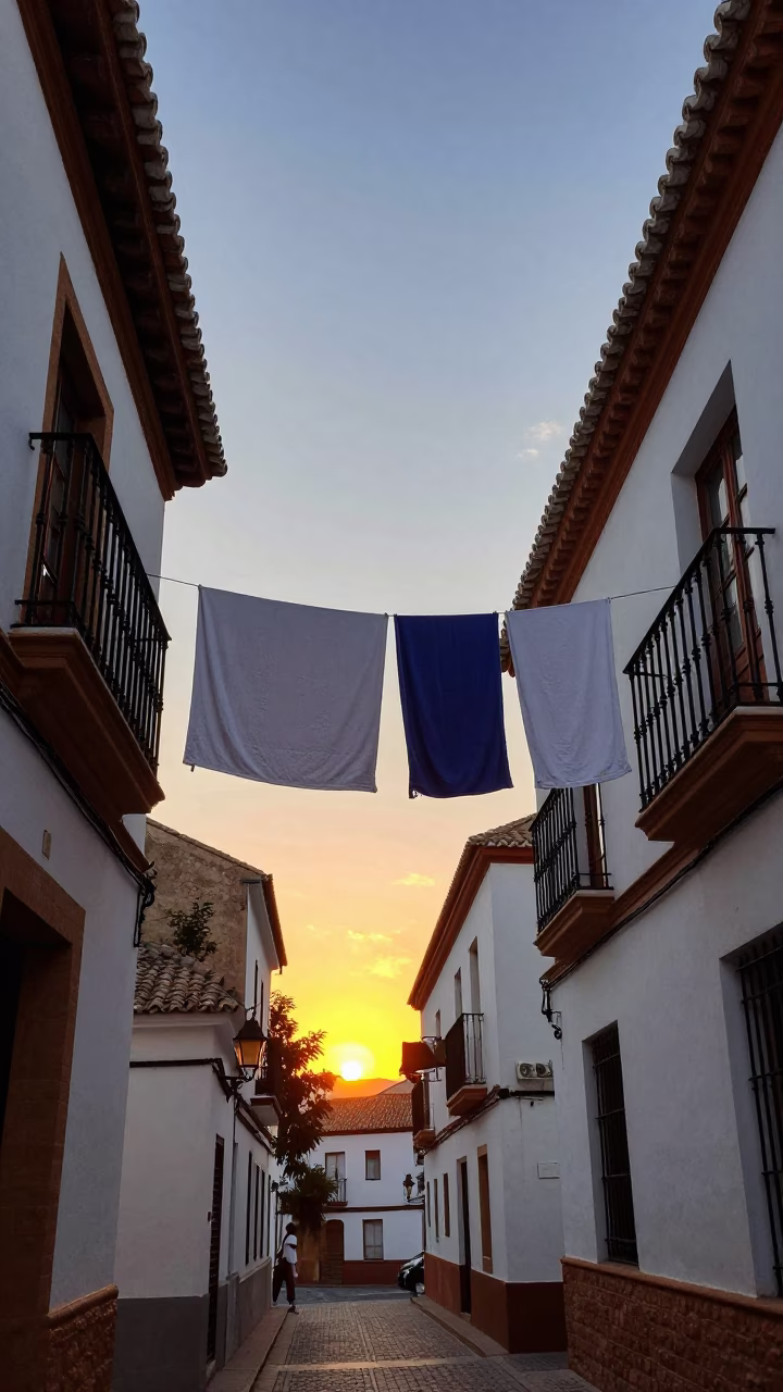 Granada Spain Sunset Street Scene with Drying Towels and Traditional Architecture in in Granada, Spain