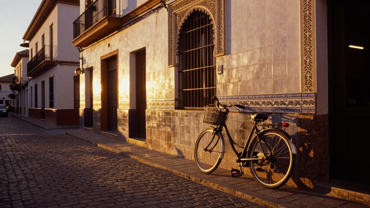 Granada Spain Sunset Street Scene with Leaning Bicycle and Traditional Architecture in in Granada, Spain