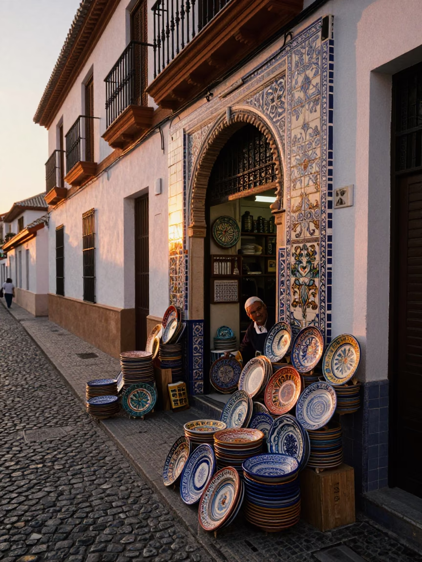 Granada Spain Sunset Street Scene with Majolica Plate and Local Interaction in in Granada, Spain