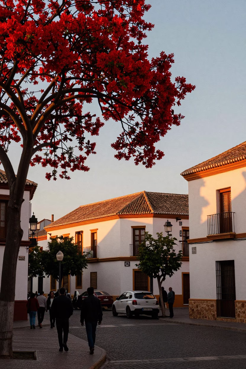 Granada Spain Sunset Street Scene with Red Flame Tree and Traditional Balcony Details in in Granada, Spain