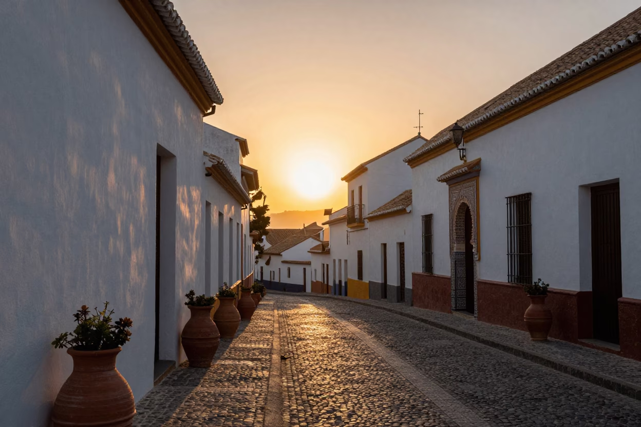 Granada Spain Sunset Street Scene with Terracotta Pots and Traditional Architecture in in Granada, Spain