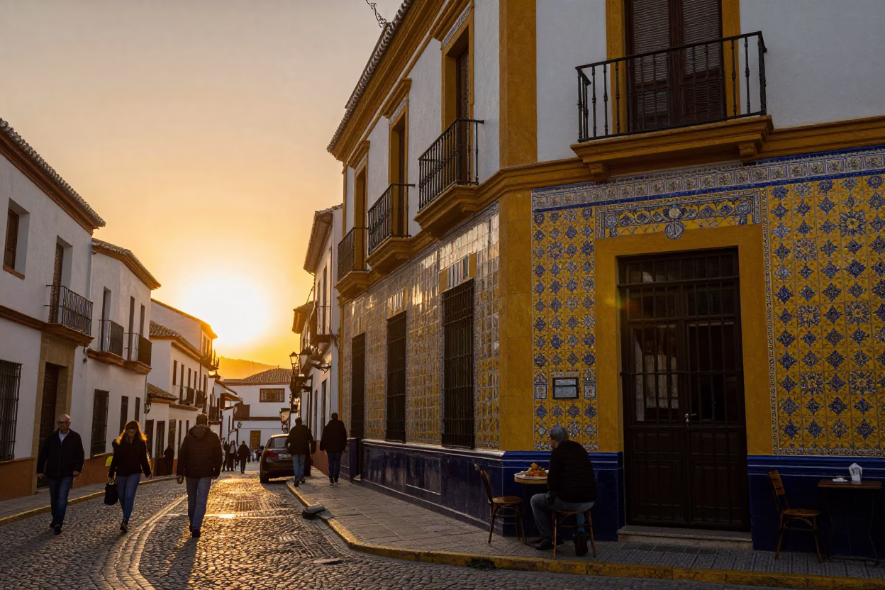 Granada Spain Sunset Street Scene with Traditional Spanish Tapas and Ceramic Plates in in Granada, Spain