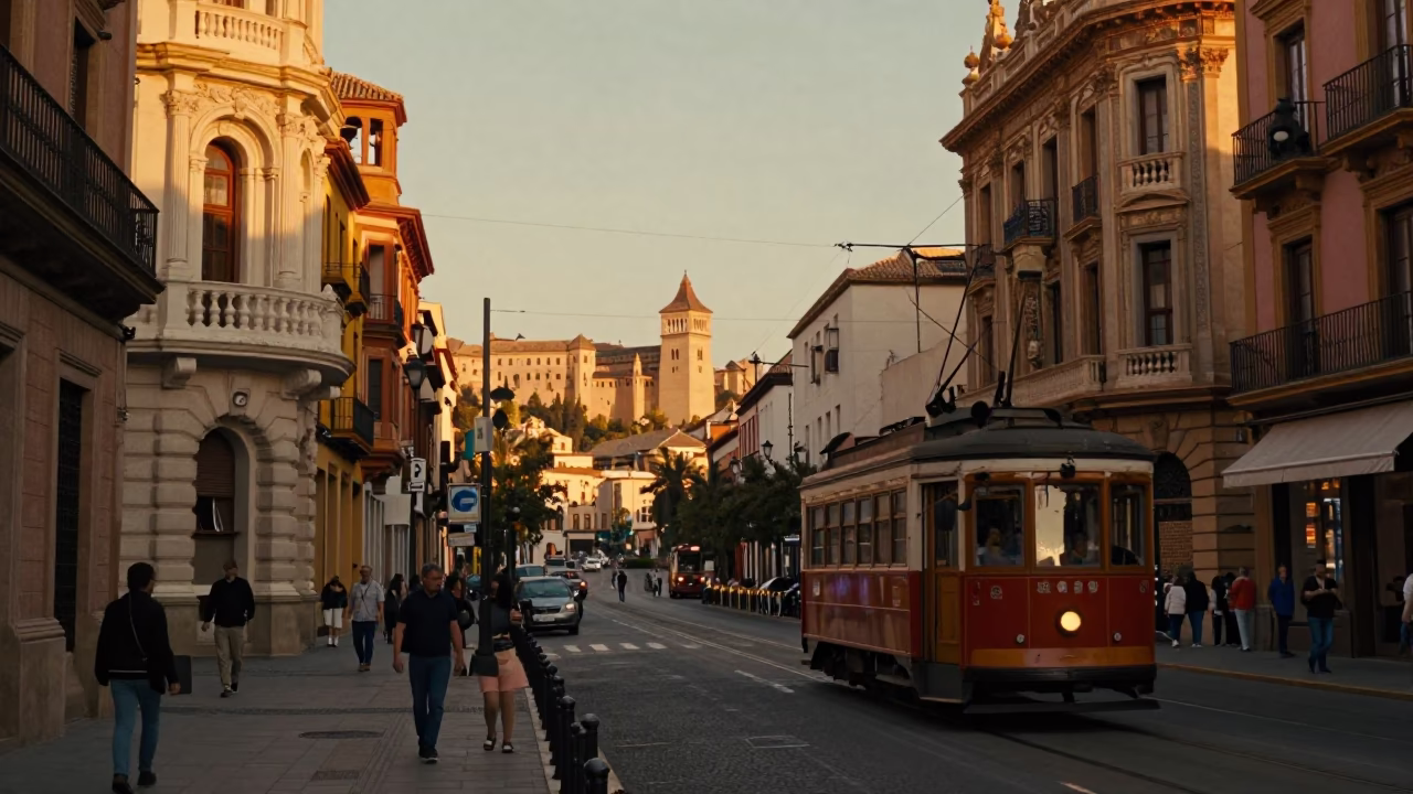 Granada Spain Sunset Street Scene with Tram and Alhambra View in in Granada, Spain