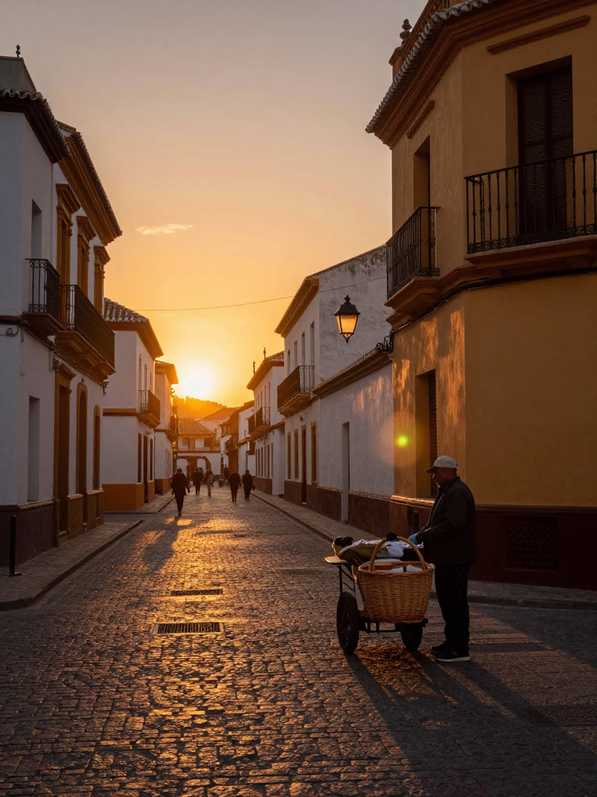 Granada Spain Sunset Street Scene with Wicker Basket and Local Life in in Granada, Spain