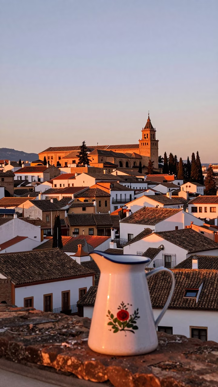 Granada Spain Sunset View Over Albayzin District with Enamel Pitcher on Balcony in in Granada, Spain
