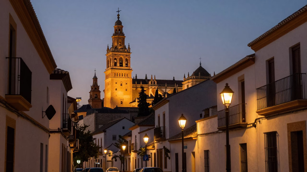 Granada Spain Twilight Street Scene with Bell Tower and Local Life in in Granada, Spain