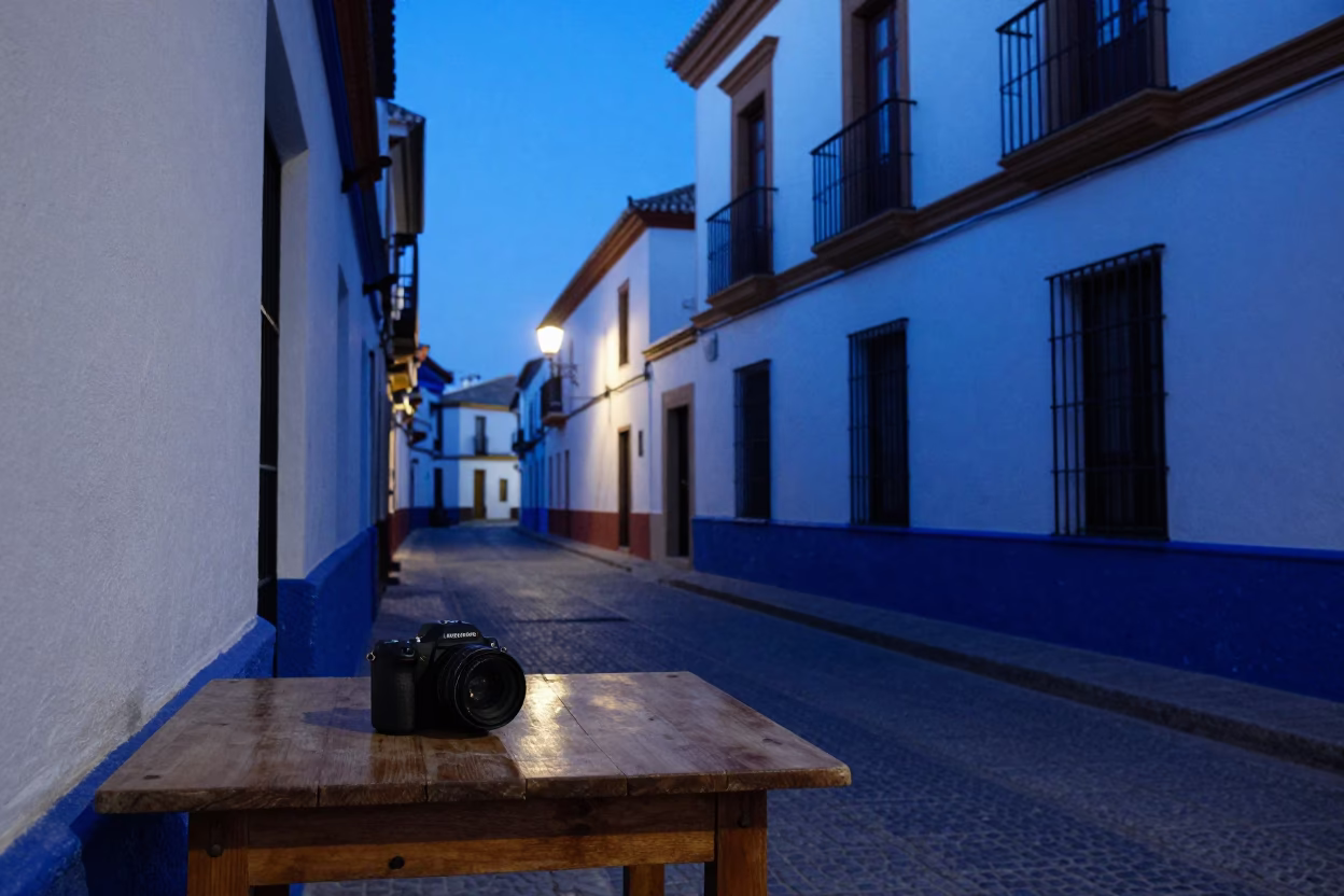Granada Spain Twilight Street Scene with Blue and White Porcelain Plate on Wooden Table in in Granada, Spain
