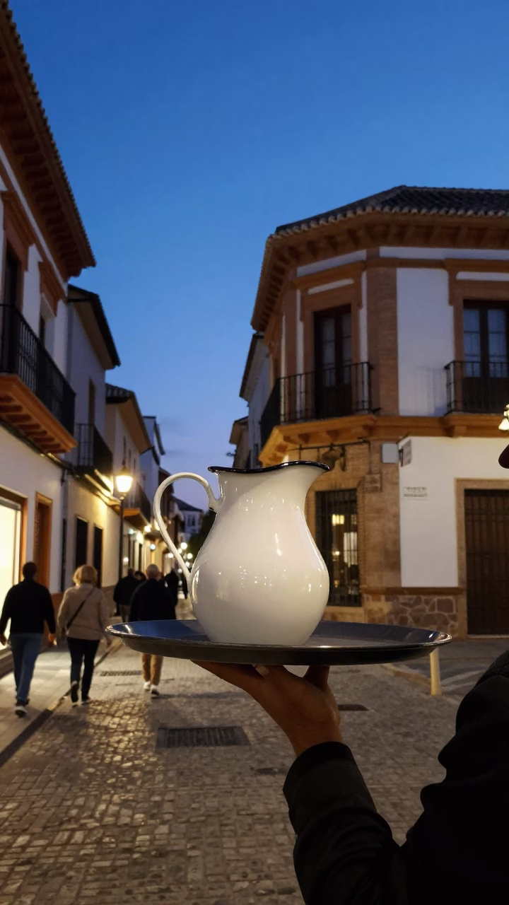 Granada Spain Twilight Street Scene with Enamel Pitcher and Clear Glass Handle in in Granada, Spain