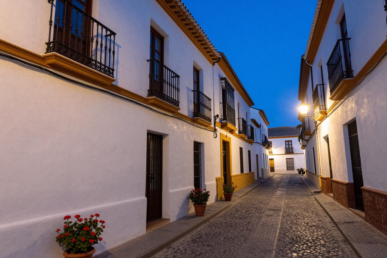 Granada Spain Twilight Street Scene with Potted Geraniums and Local Life in in Granada, Spain