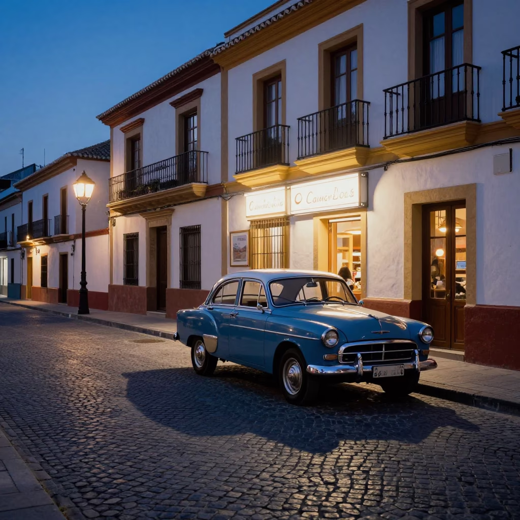 Granada Spain Twilight Street Scene with Vintage Car and Diner Signage in in Granada, Spain