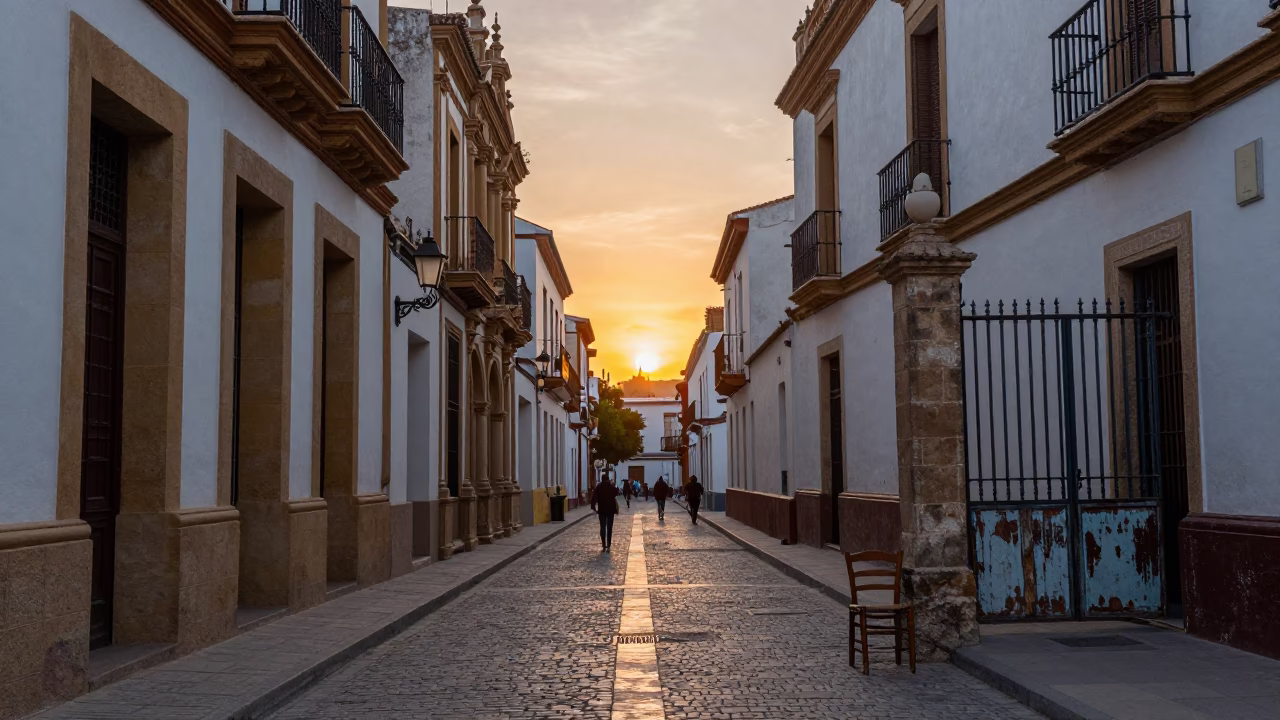 Granada Street Scene at As The Sun Drops Toward The Horizon in in Granada, Spain