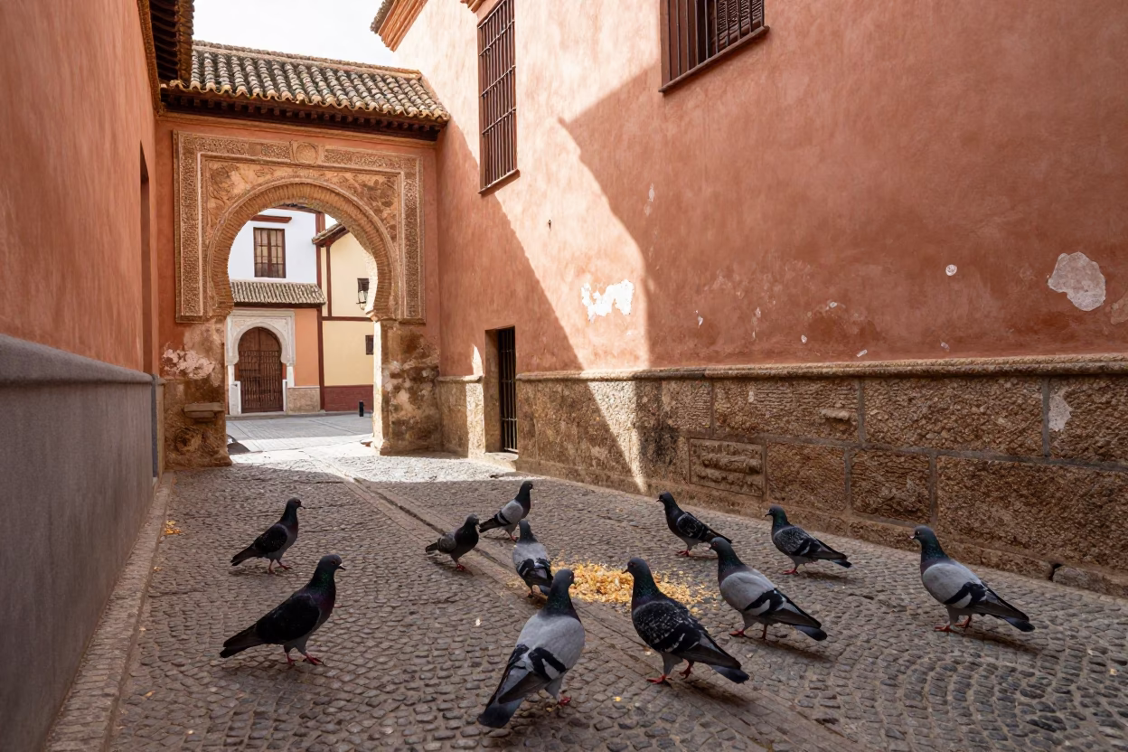 Granada street scene with pigeons and traditional architecture in in Granada, Spain