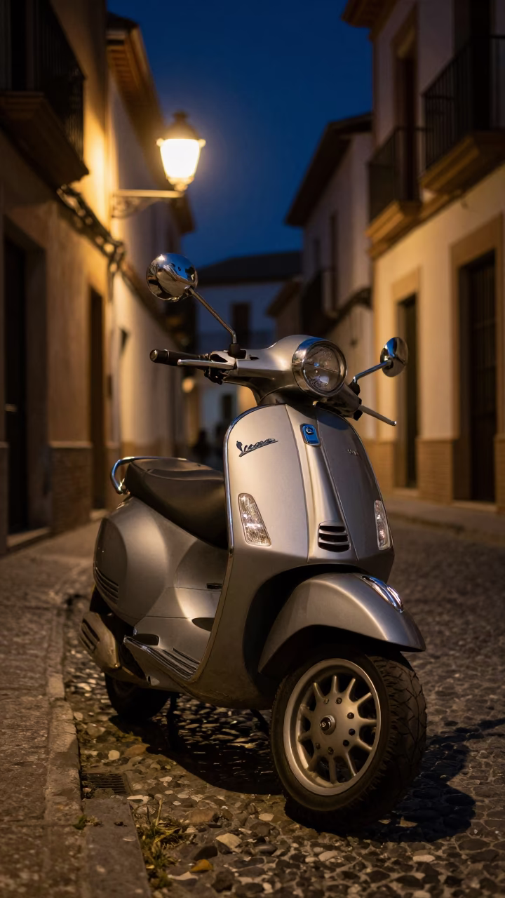 Granada Vespa Parked at Midnight Light in in Granada, Spain