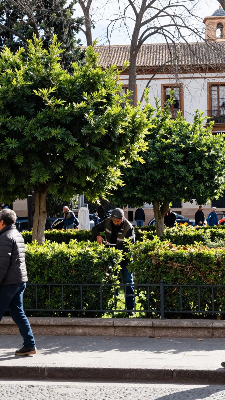 Granada Winter Noon Street Scene with Gardener and Shears in in Granada, Spain