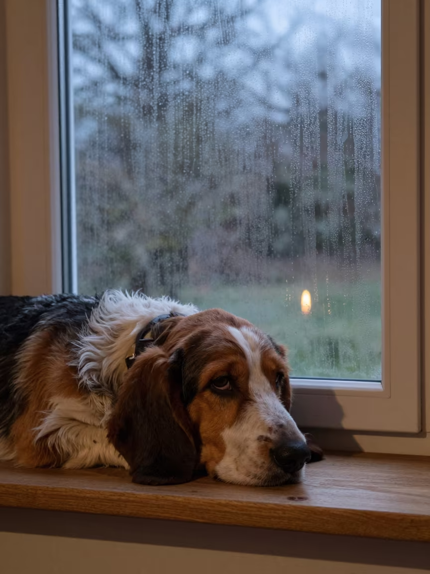 Grand Basset Griffon Vendéen on Window Seat at Twilight in on a window seat in a quiet apartment with soft side light near Pristina