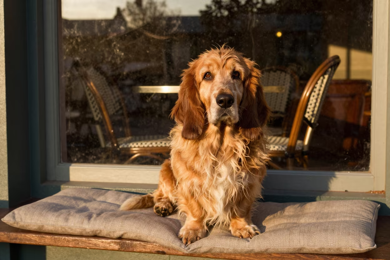 Grand Basset Griffon Vendéen on Window Seat in on a cushioned window seat with soft side light and an uncluttered background in Belo Horizonte