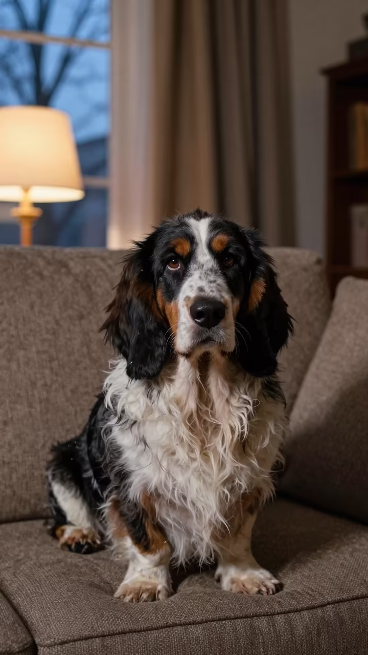 Grand Basset Griffon Vendéen Portrait Erzurum Sofa in on a sofa near a curtained window with calm indoor light in Erzurum