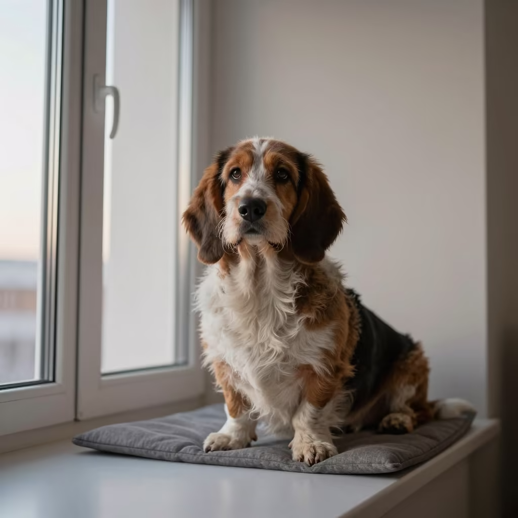 Grand Basset Griffon Vendéen Portrait in Harbin Dawn in on a cushioned window seat with soft side light and an uncluttered background in Harbin