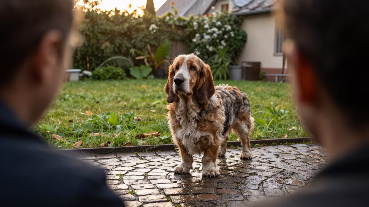 Grand Basset Griffon Vendéen Portrait in Lyon Yard in in a small yard with clipped grass, calm light, and the animal centered in frame in Lyon
