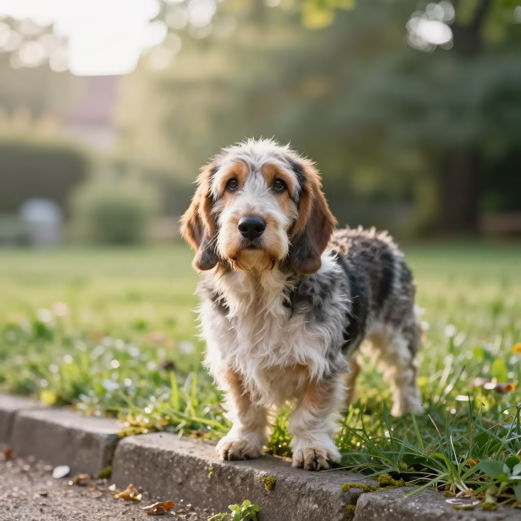 Grand Basset Griffon Vendéen Portrait in Würzburg Garden in near a garden edge with soft morning light and an uncluttered background in Würzburg