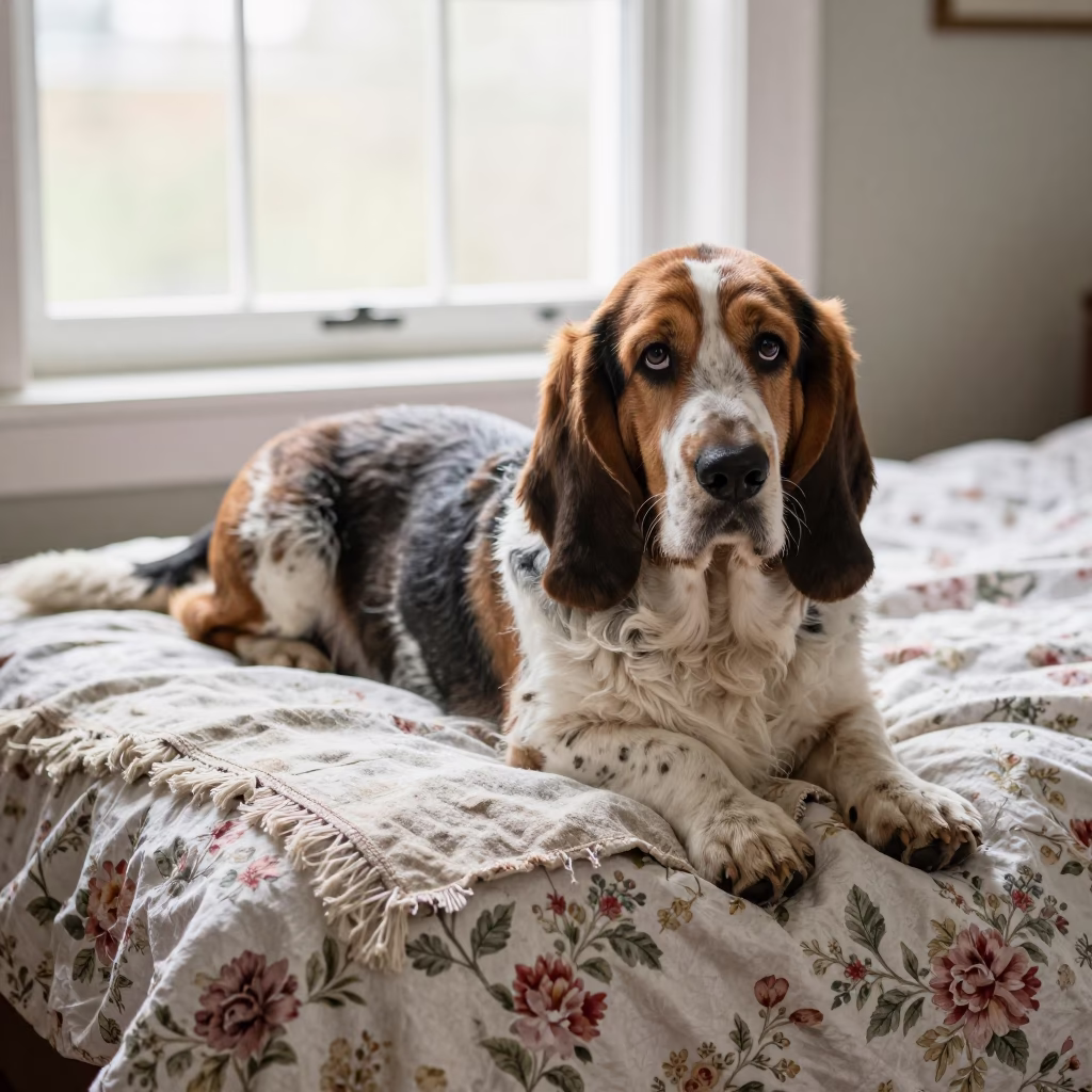 Grand Basset Griffon Vendéen Resting on Bedspread in on a bedspread near a bright window with calm indoor light in Nottingham