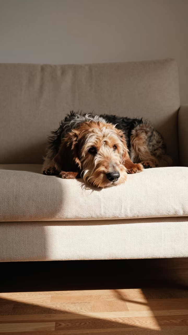 Grand Basset Griffon Vendéen Resting on Linen Sofa in on a linen sofa with daylight from a nearby window in Mosul