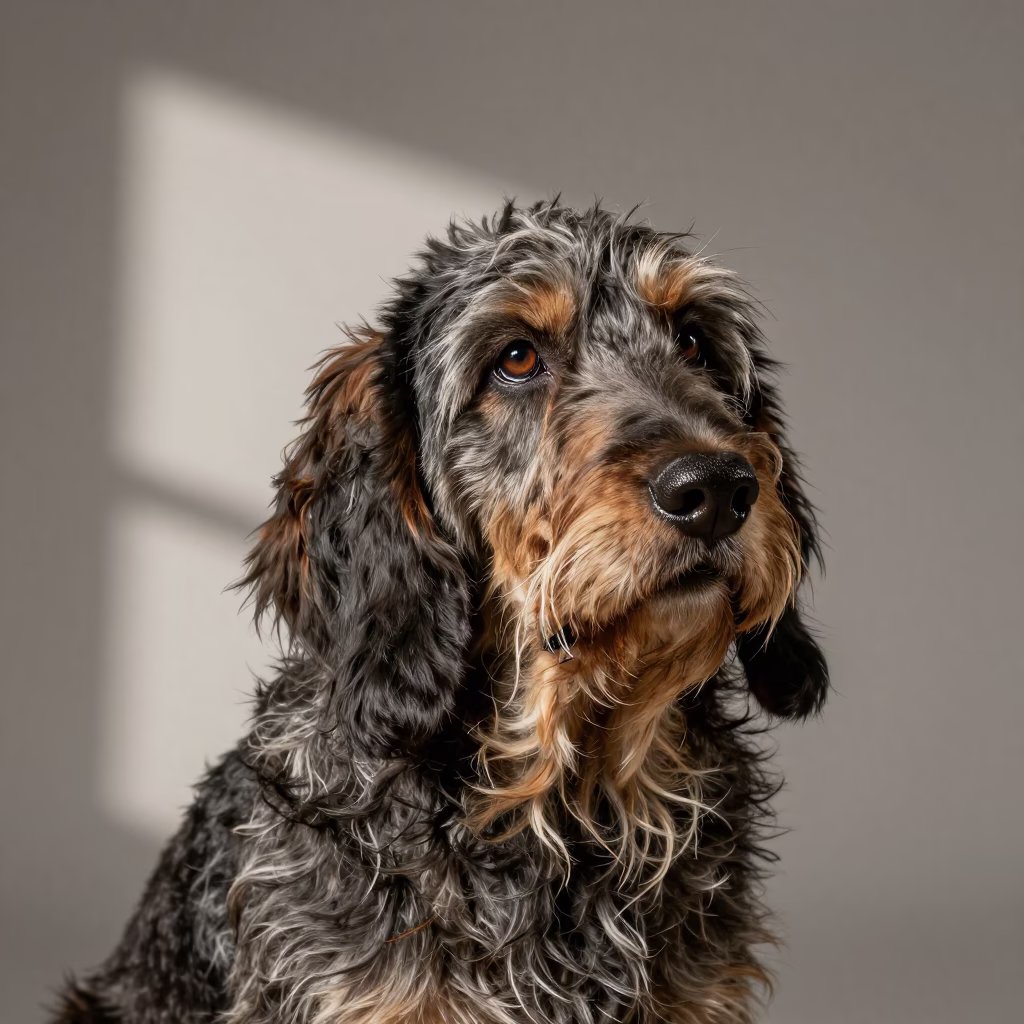 Grand Basset Griffon Vendéen Studio Portrait in in a quiet portrait studio with a plain backdrop and eye-level framing in Victoria Seychelles