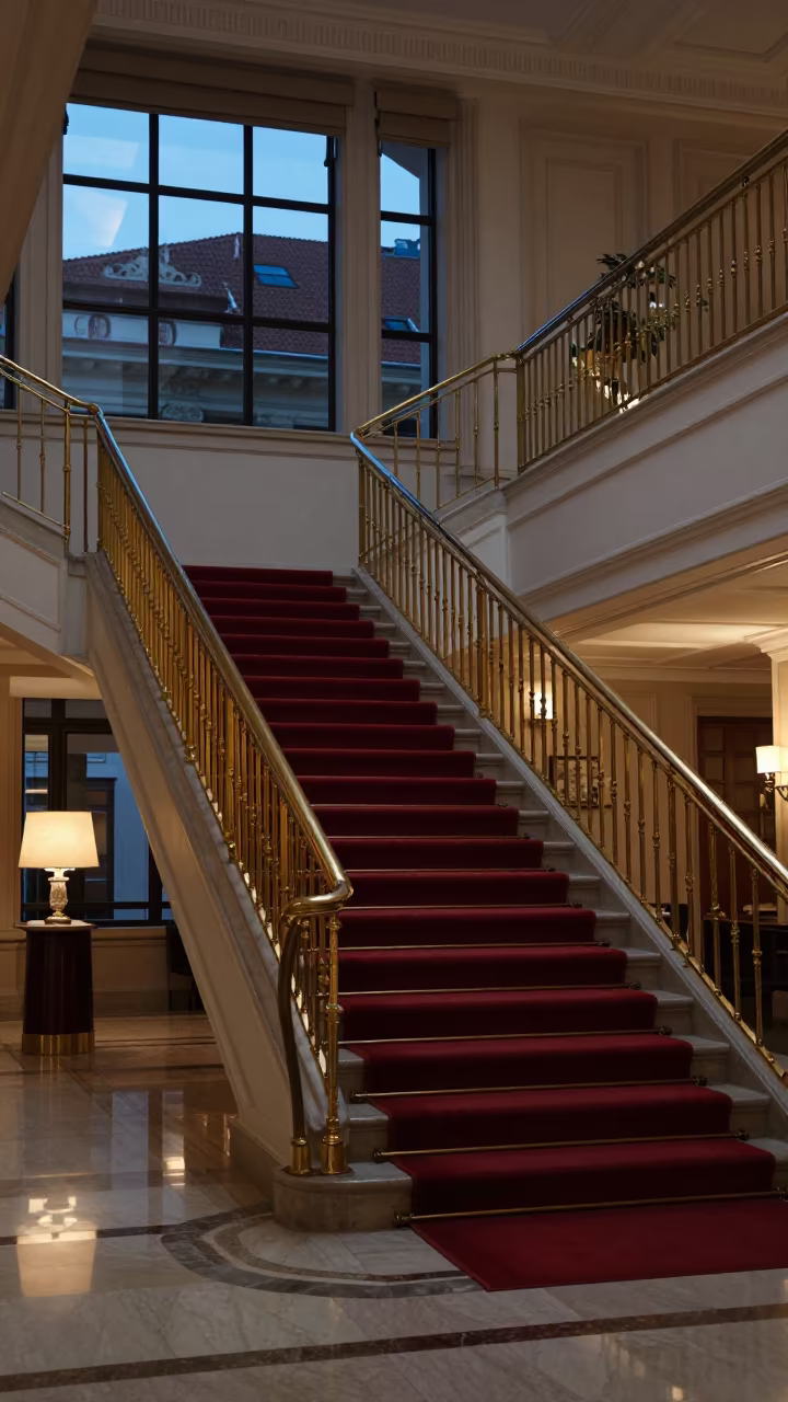 Grand Hotel Staircase with Brass Rails and Red Carpet in beside a brass-railed staircase in a lobby atrium near Holesovice, Prague