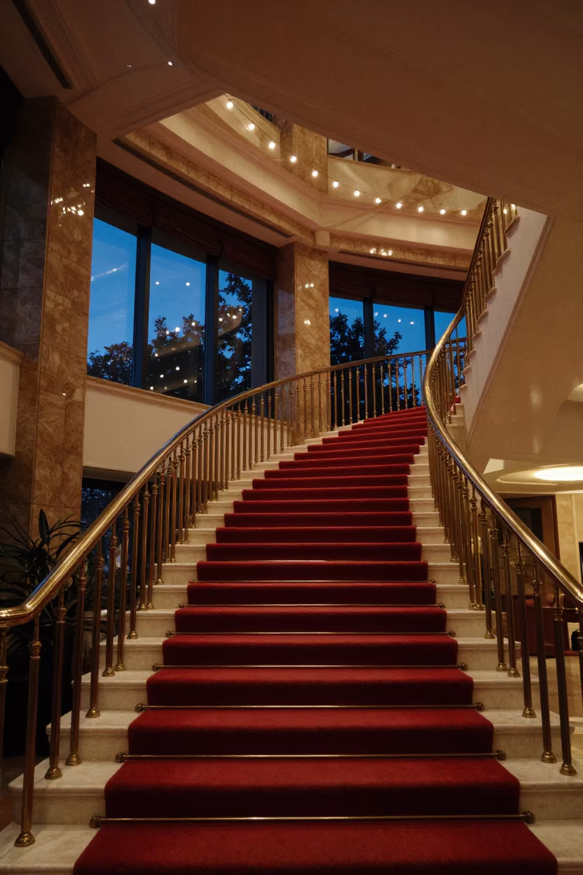 Grand Hotel Staircase Red Carpet Brass Rails Kunming in inside a chandelier-lit hotel stairwell in Kunming