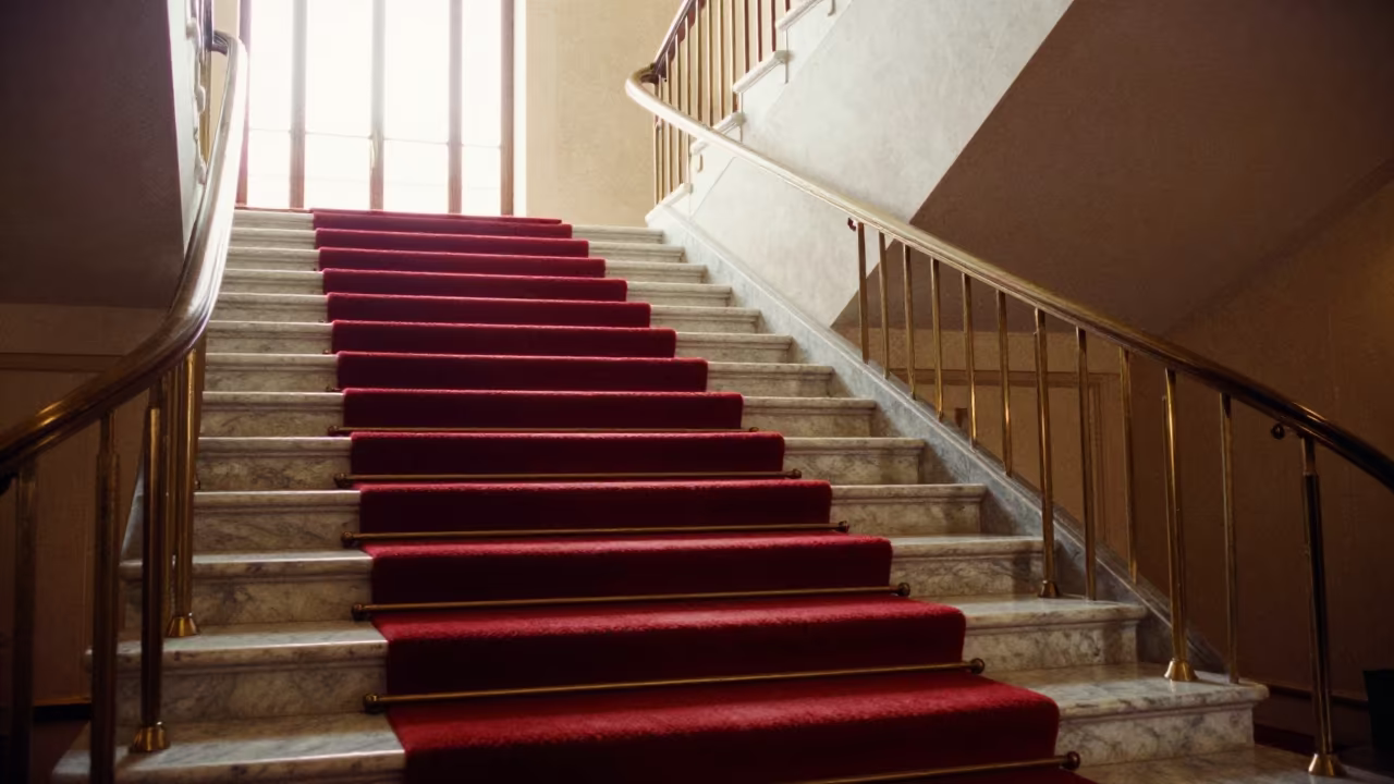 Grand Hotel Staircase Red Carpet Brass Rails Noon in beside a brass-railed staircase in a lobby atrium in Pescara