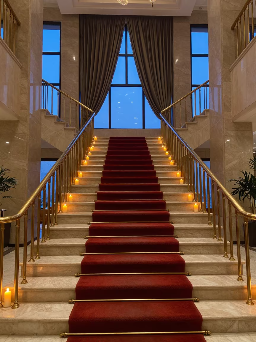 Grand Hotel Staircase Red Carpet Brass Rails in beside a brass-railed staircase in a lobby atrium in Sana'a