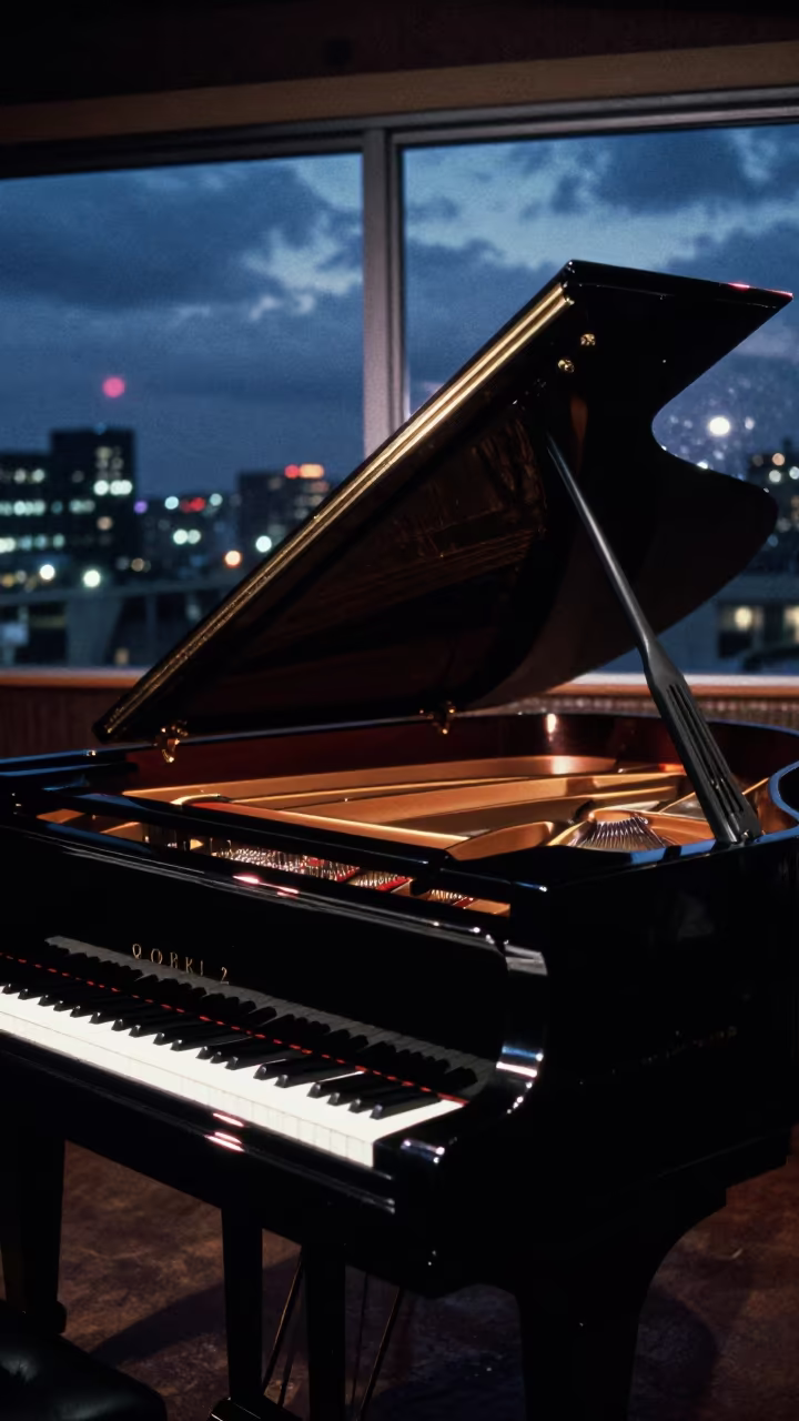 Grand Piano Reflecting Indigo Light in Soweto Jazz Club in at a jazz club in Soweto