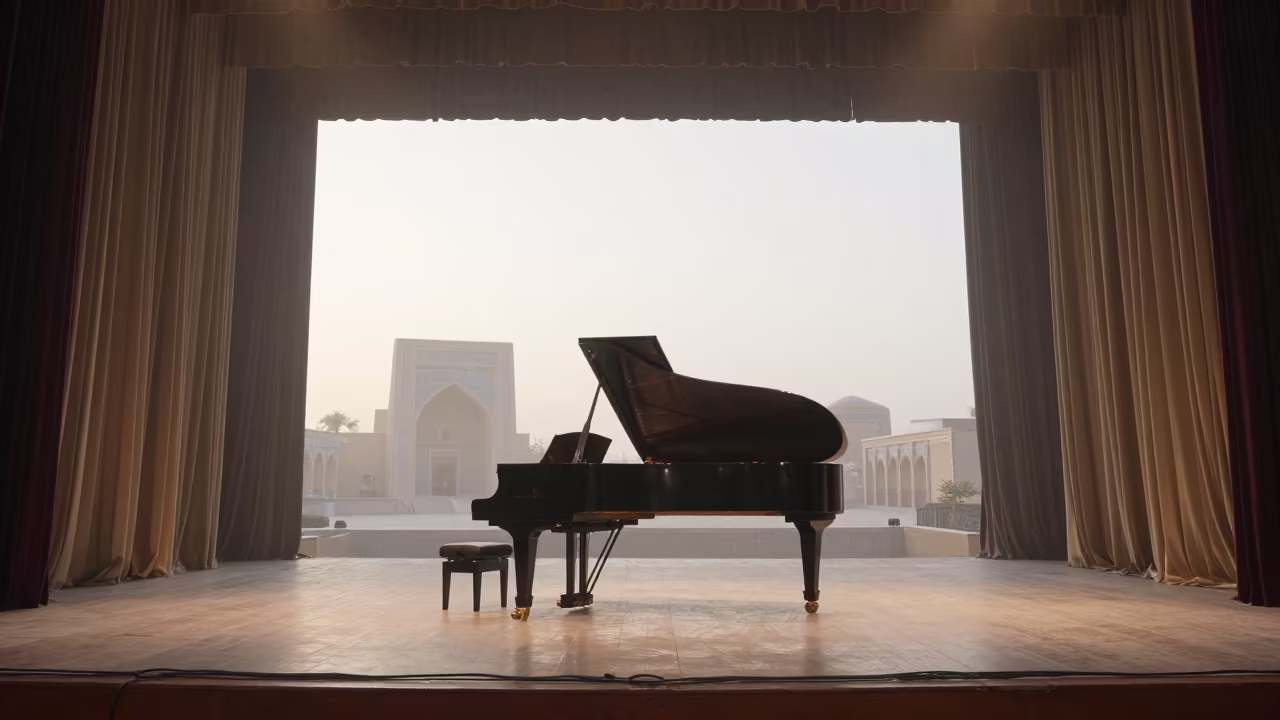 Grand Piano on Khiva Theater Stage Before Dawn in on a theater stage in Khiva