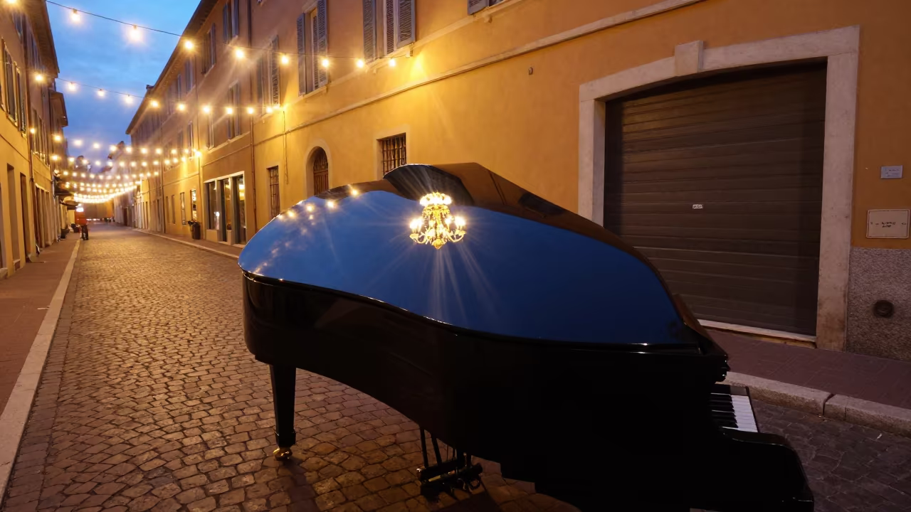 Grand Piano Lid Reflecting Chandelier Nice Dawn in at a street corner busking spot in Nice